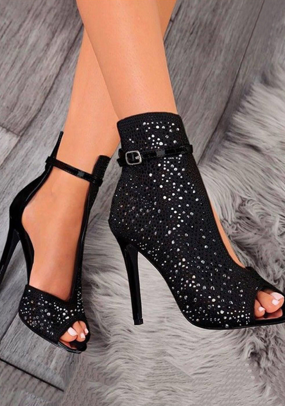 Escarpins à Talons Hauts en Suédine – Bout Ouvert et Strass