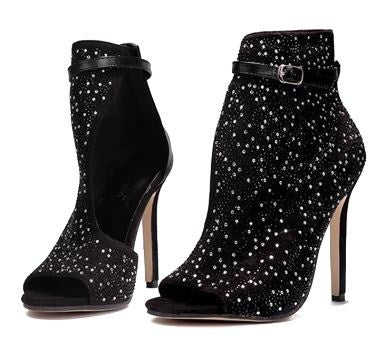 Escarpins à Talons Hauts en Suédine – Bout Ouvert et Strass