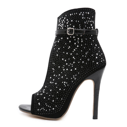 Escarpins à Talons Hauts en Suédine – Bout Ouvert et Strass